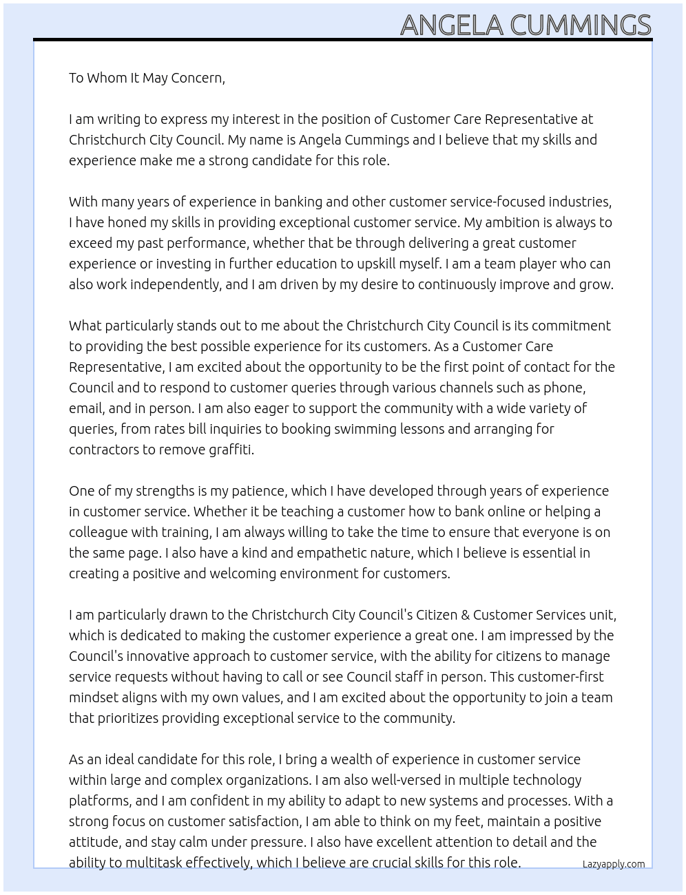 Customer Care Representative At Christchurch City Council  Cover Letter