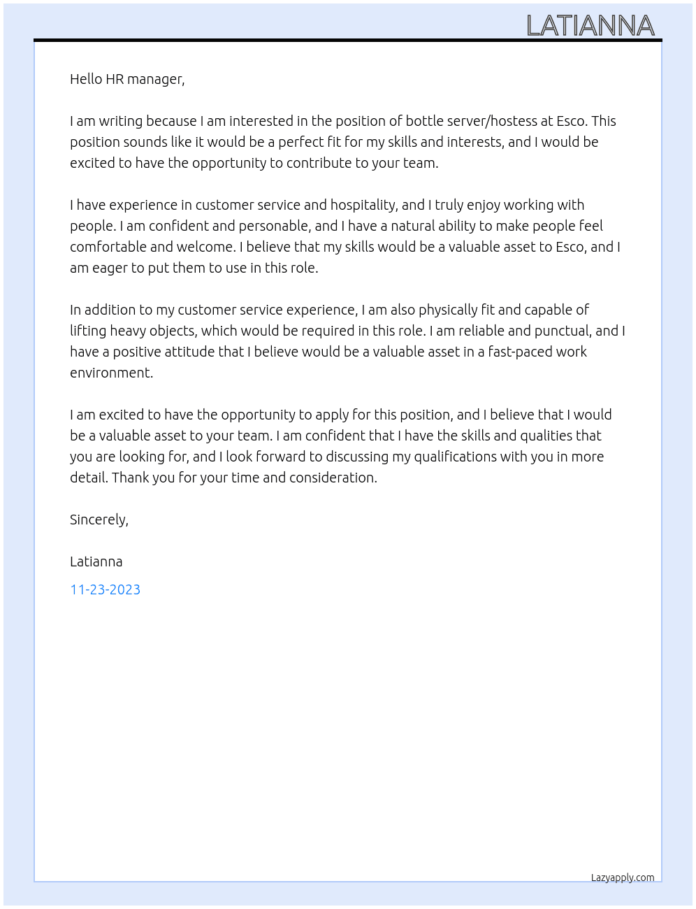 Bottle server/ hostess  At Esco Cover Letter