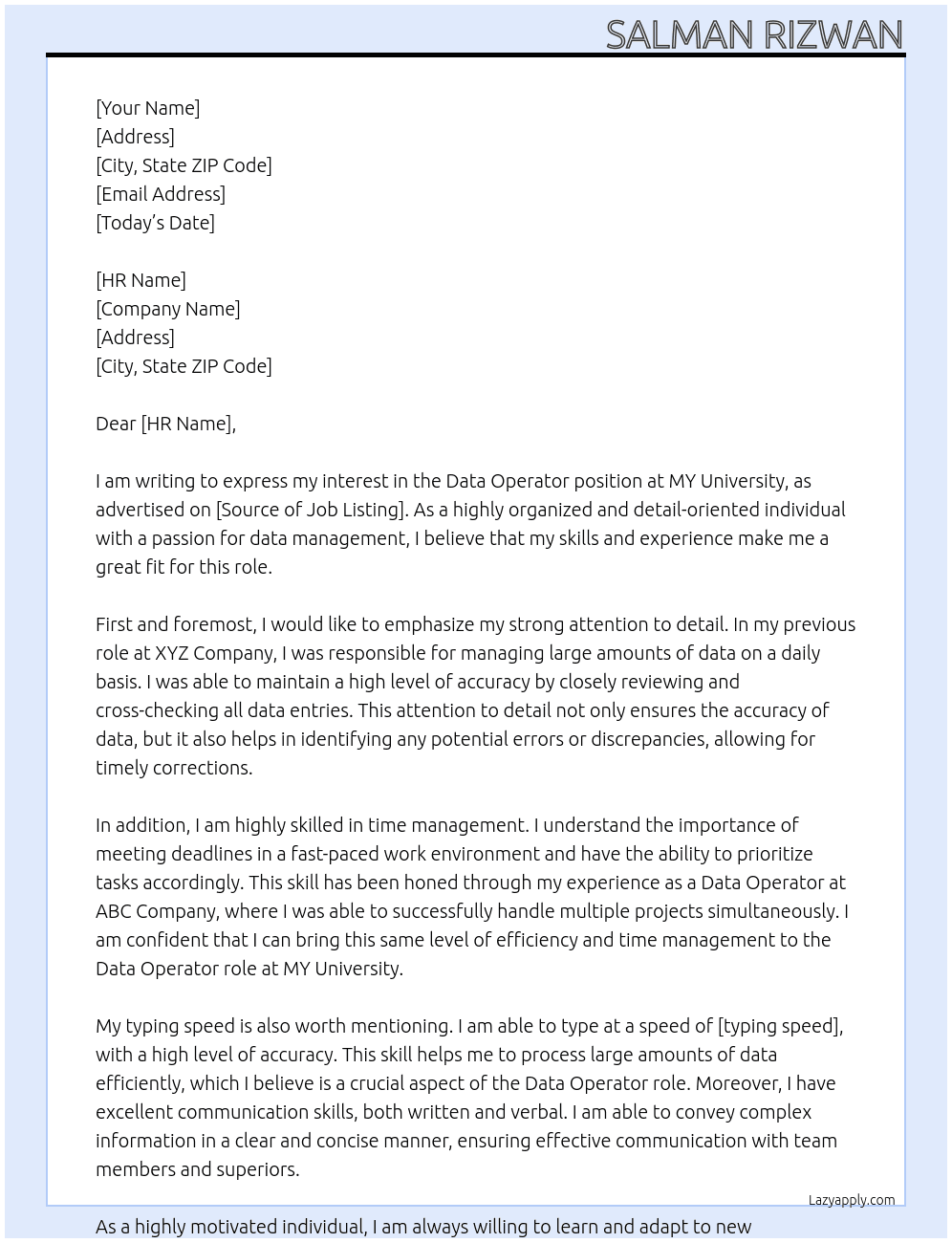 Data Operator  At MY University Cover Letter