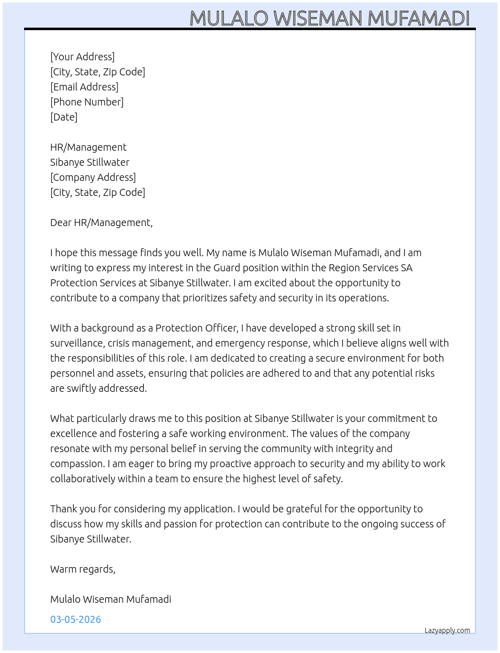 Guard At Sibanye Still Water Cover Letter