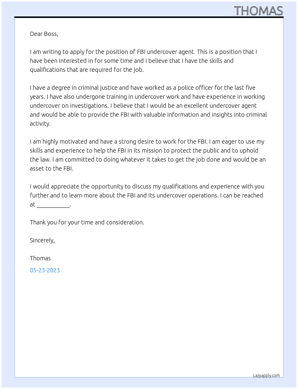 FBI UNDERCOVER AGENT At FBI Cover Letter