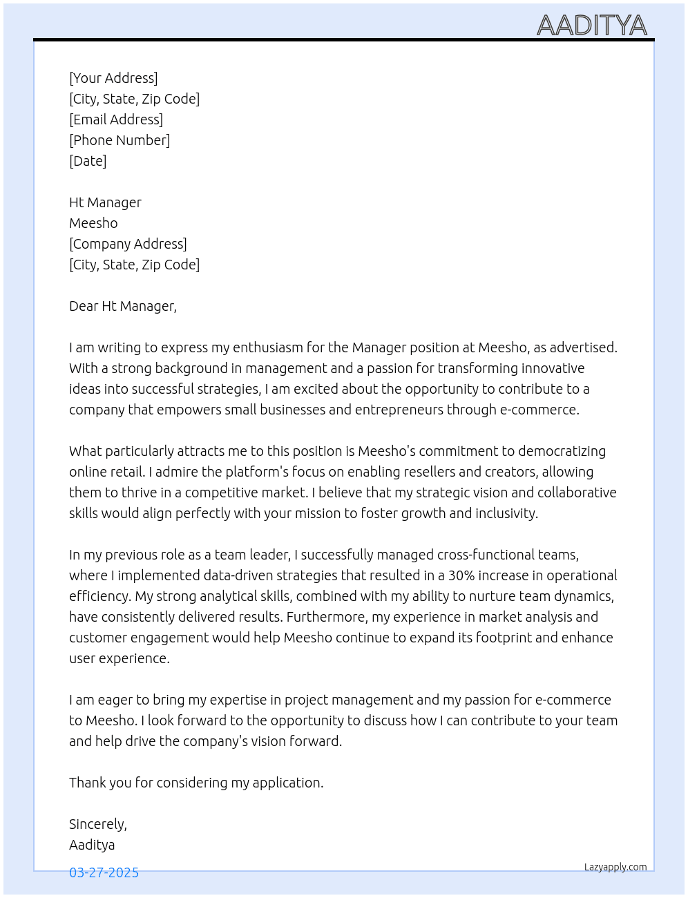Manager  At Meesho  Cover Letter