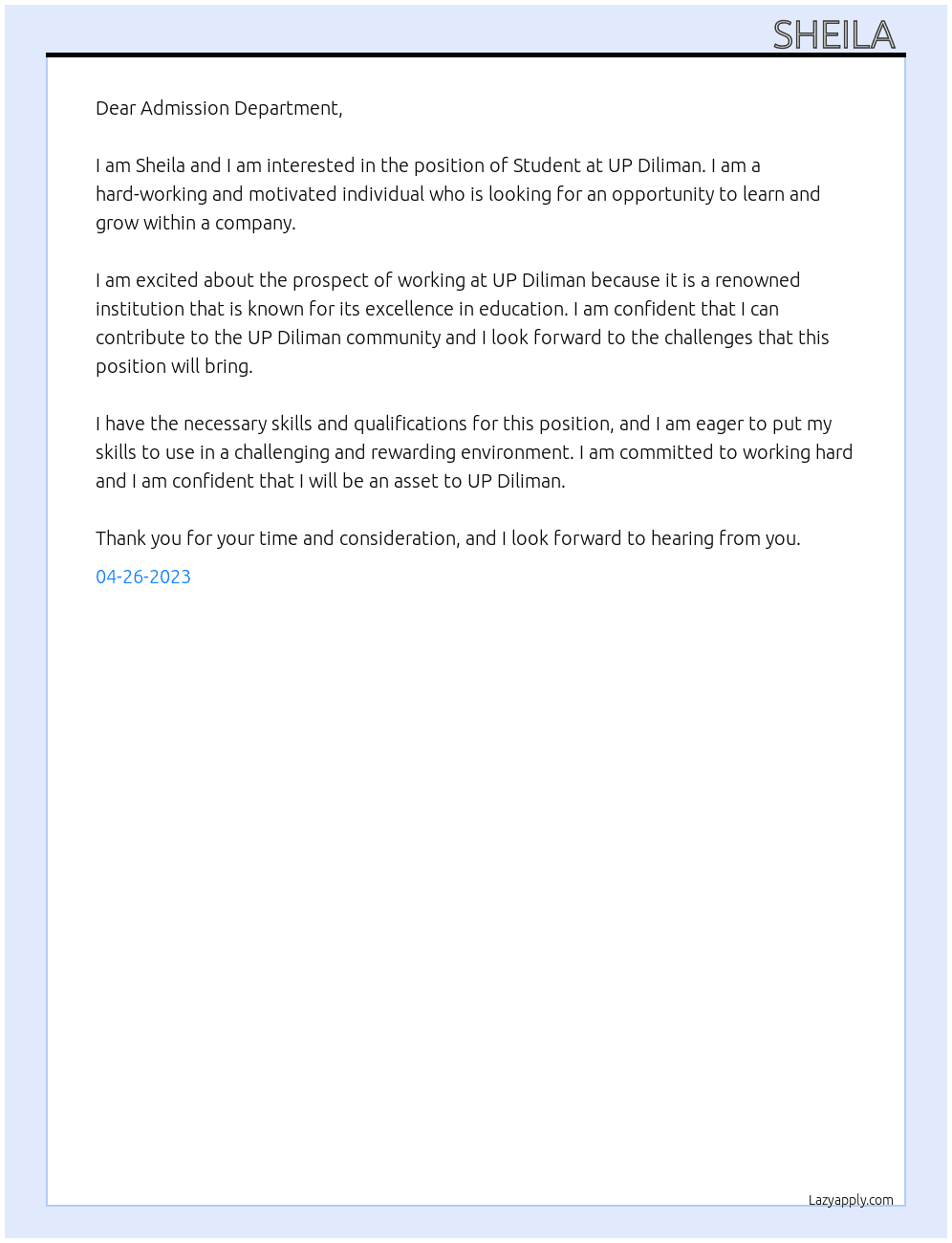 Student  At UP Diliman Cover Letter