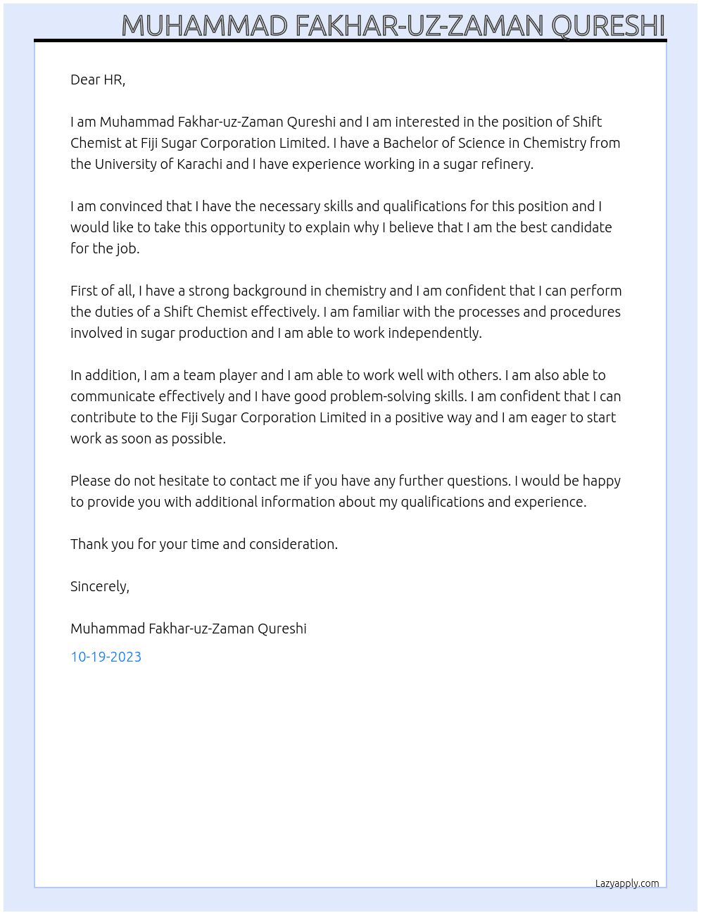 Shift Chemist At Fiji Sugar Corporation Limited Cover Letter