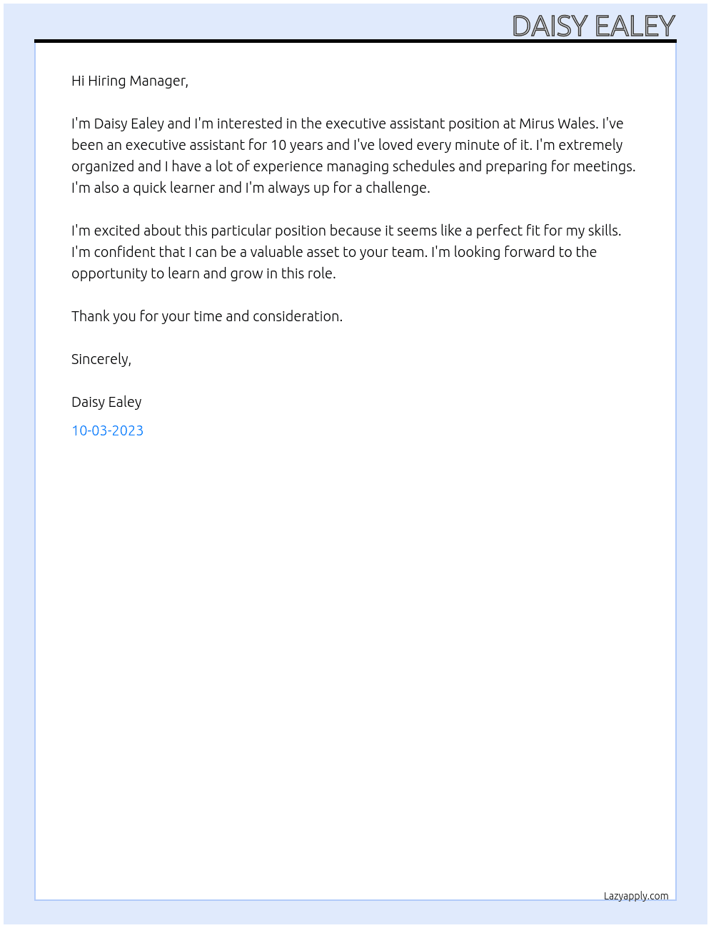 Executive assistant  At Mirus Wales  Cover Letter