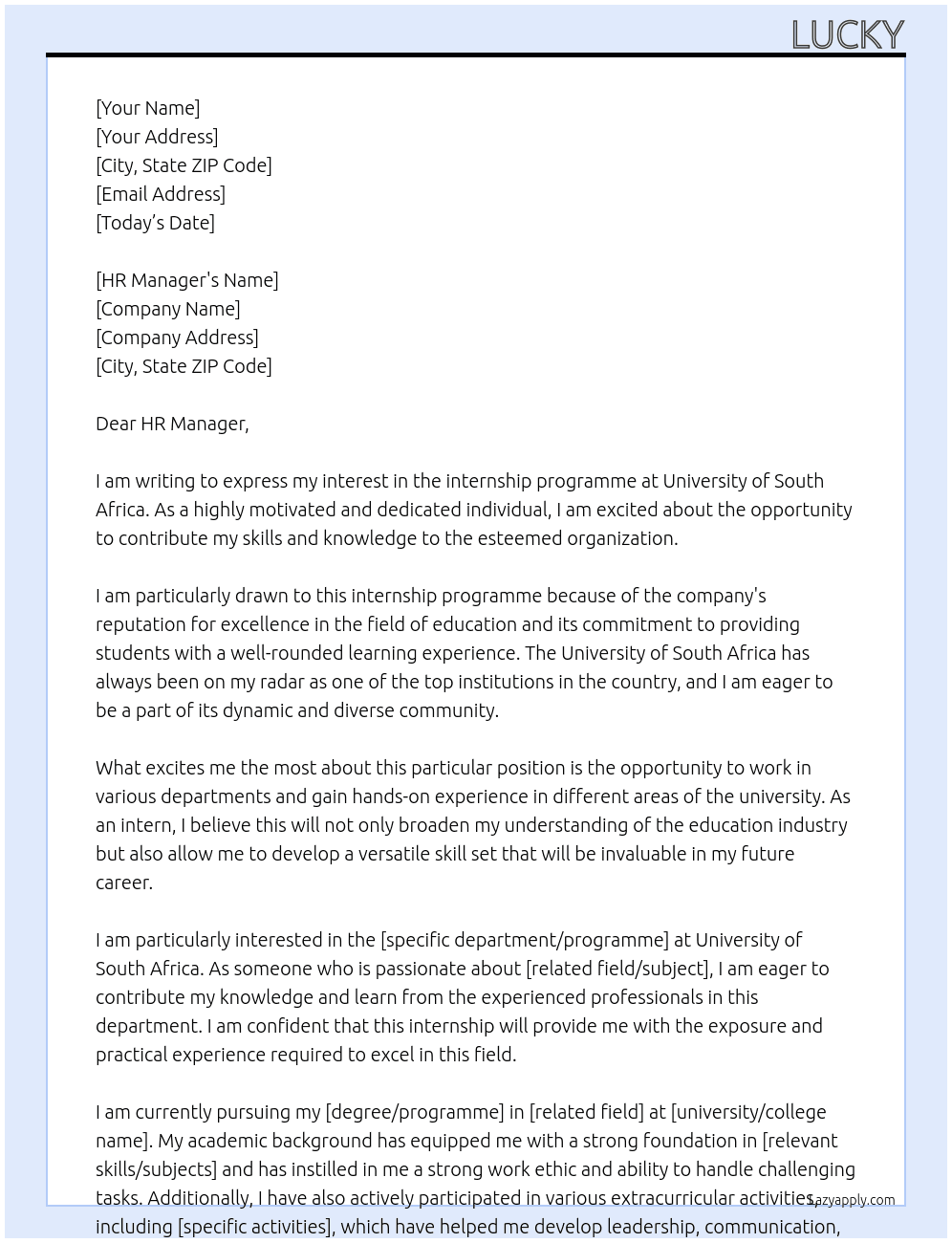 Internship programme  At University of South Africa  Cover Letter
