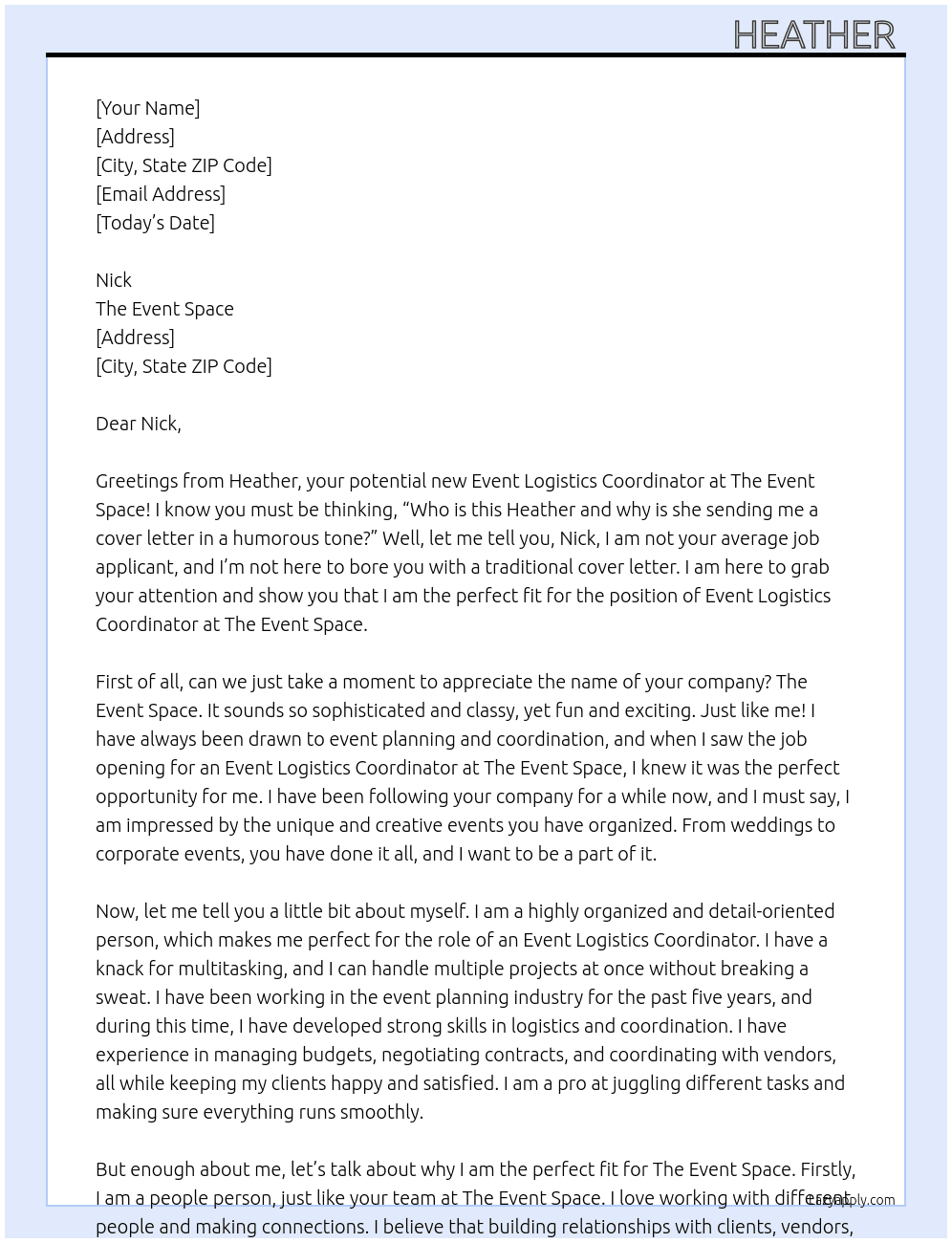 Event Logisitcs Coordinator At The Event Space  Cover Letter