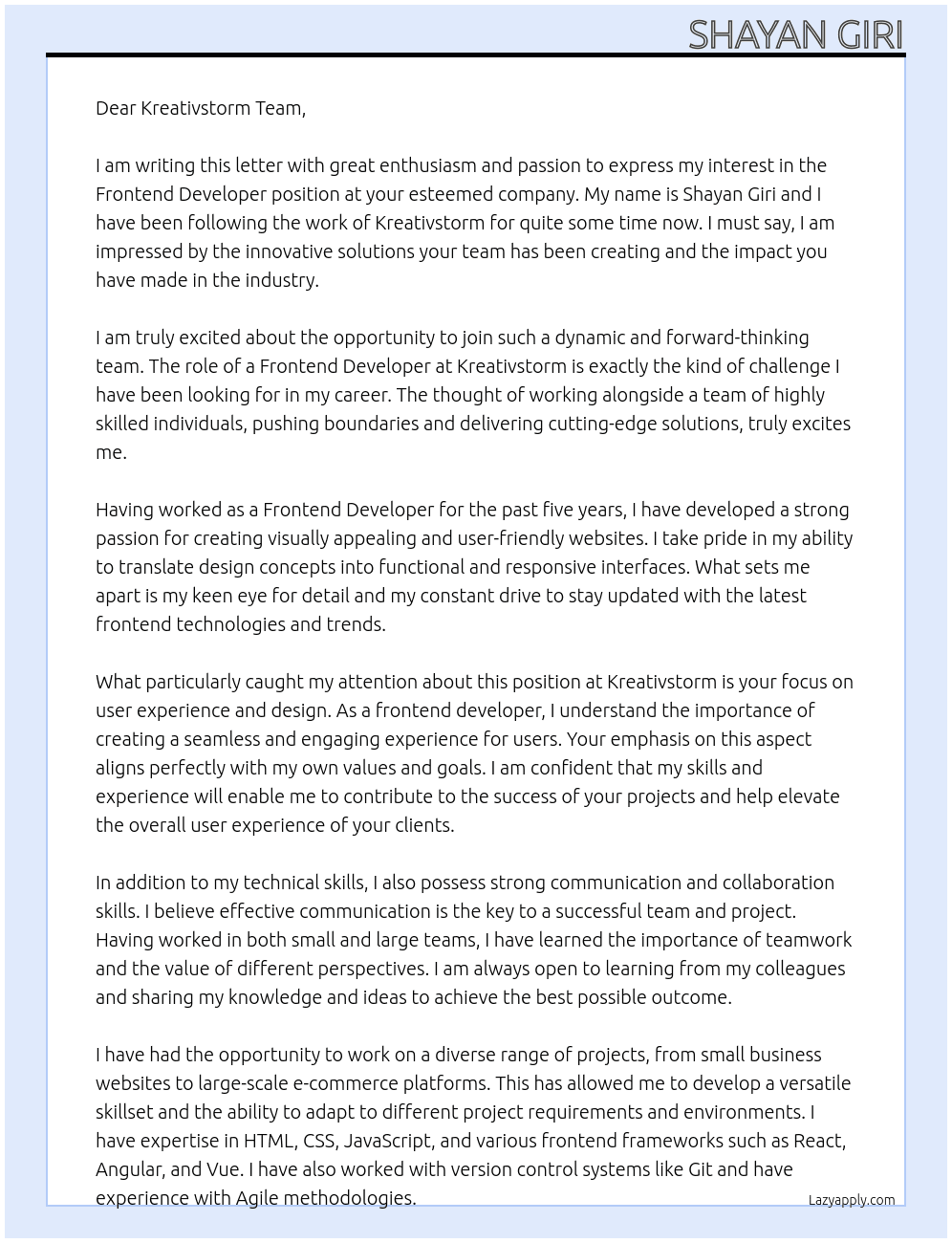 Frontend Developer At Kreativstorm Cover Letter