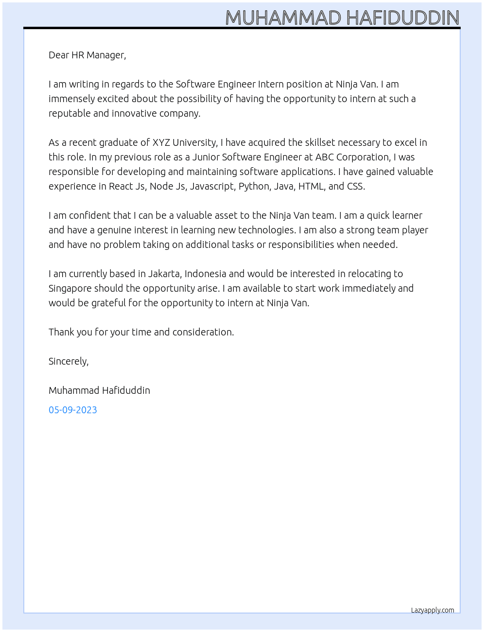 Software Engineer Intern At Ninja Van Cover Letter