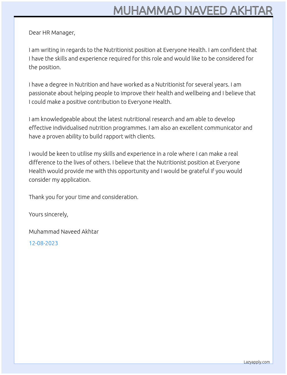Nutritionist  At Everyone Health  Cover Letter