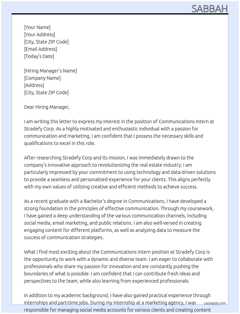 Communications Intern At Stradefy Cor Cover Letter
