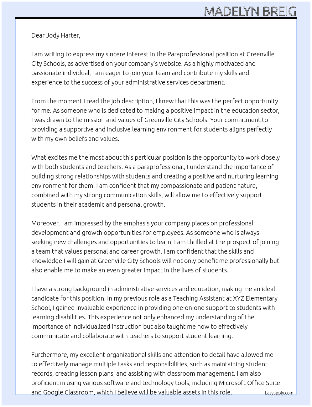 Paraprofessional  At Greenville City Schools Cover Letter