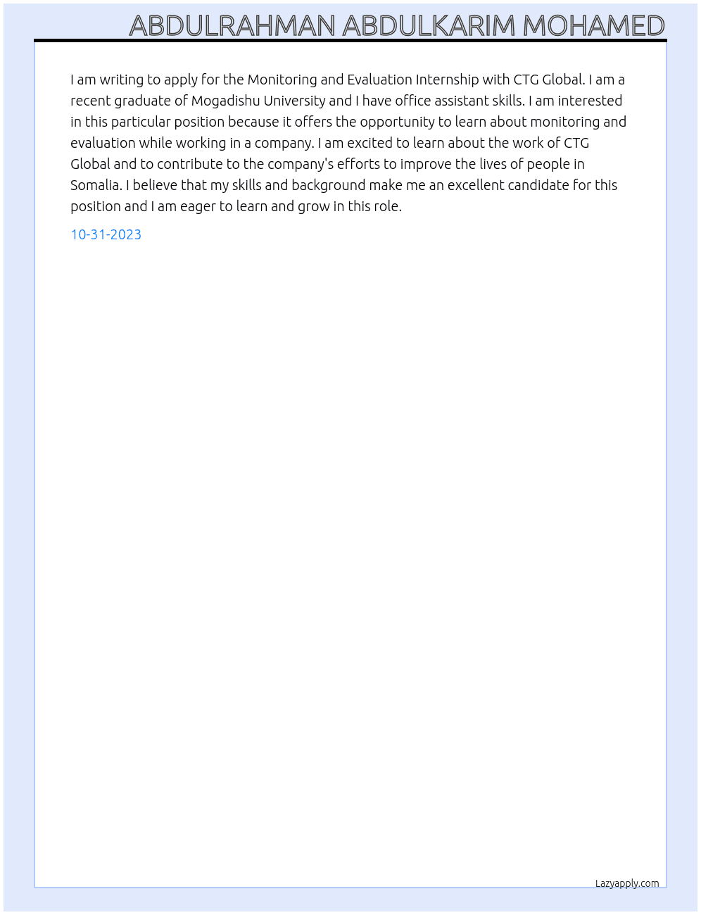 Monitoring and evaluation At CTG global Cover Letter