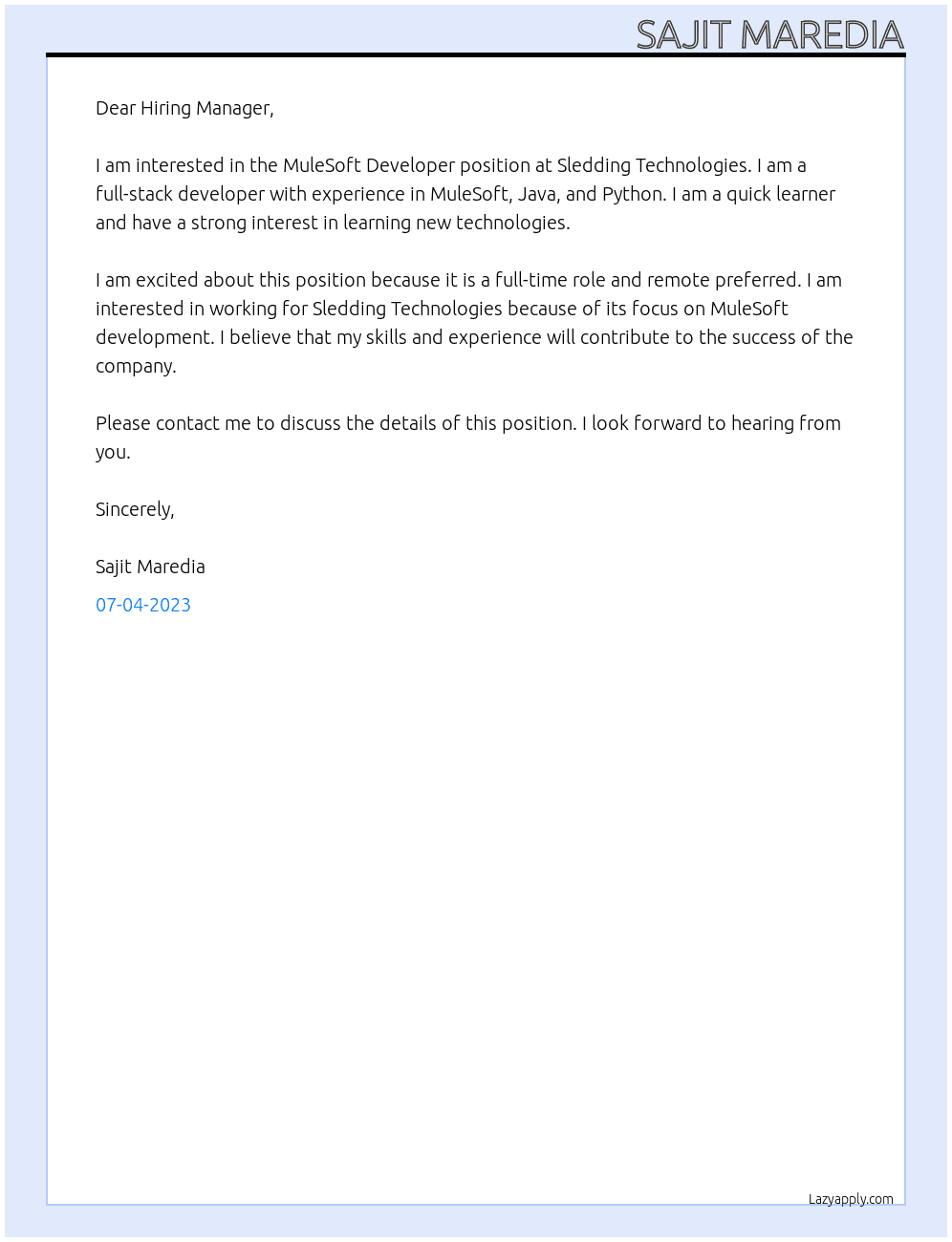 MuleSoft Developer At Sledding Technologies Cover Letter