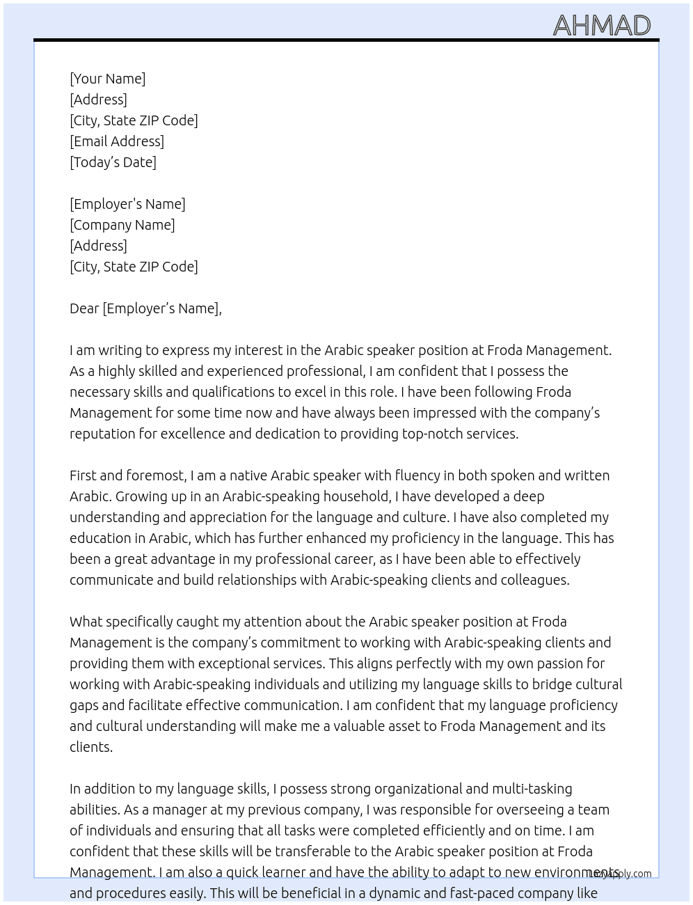 Arabic speaker  At Froda Cover Letter