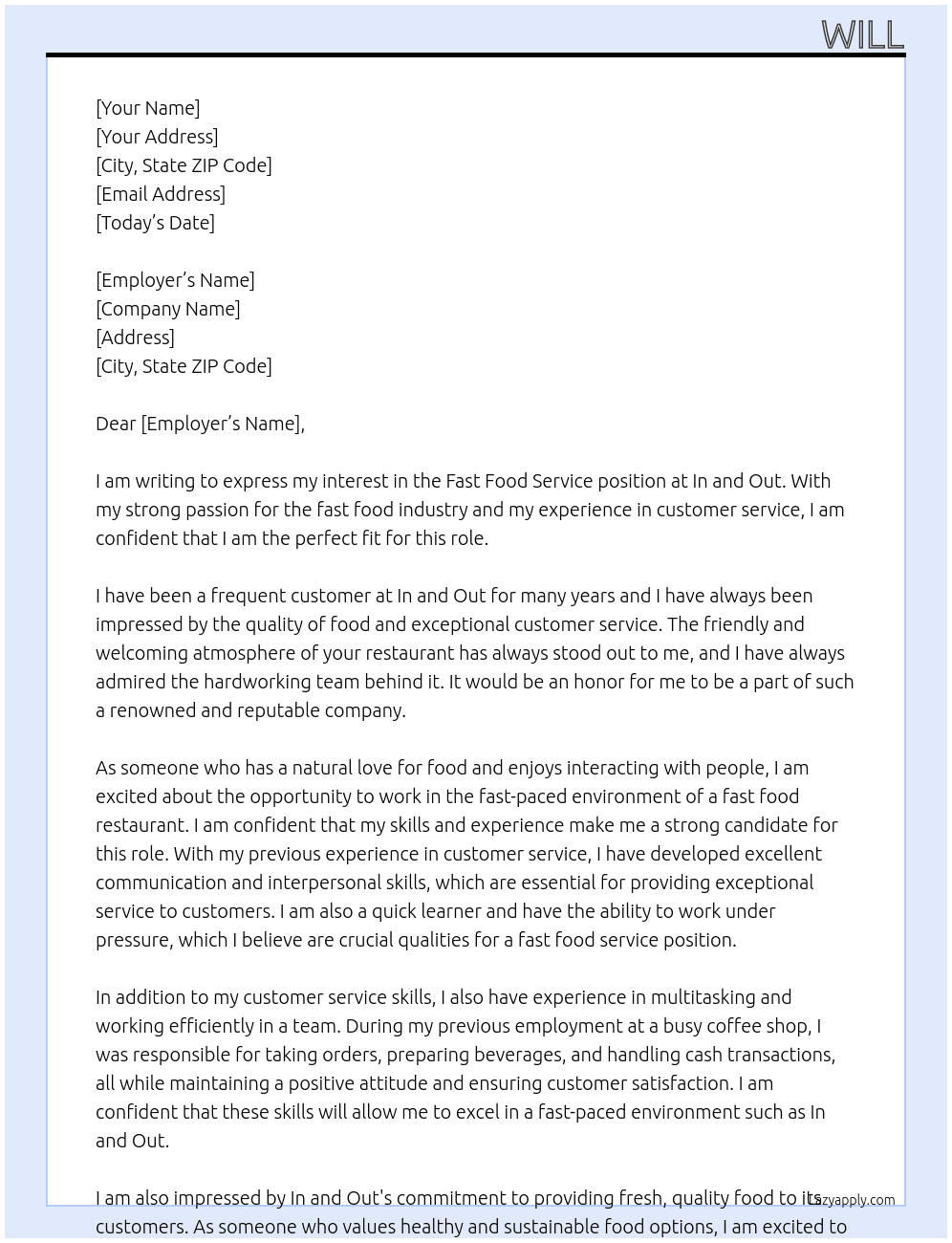 fast food service  At In and out Cover Letter
