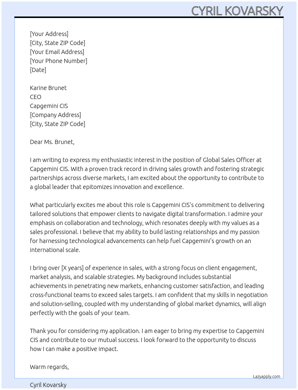 GLOBAL SALES oFFICER At Capgemini CIS Cover Letter