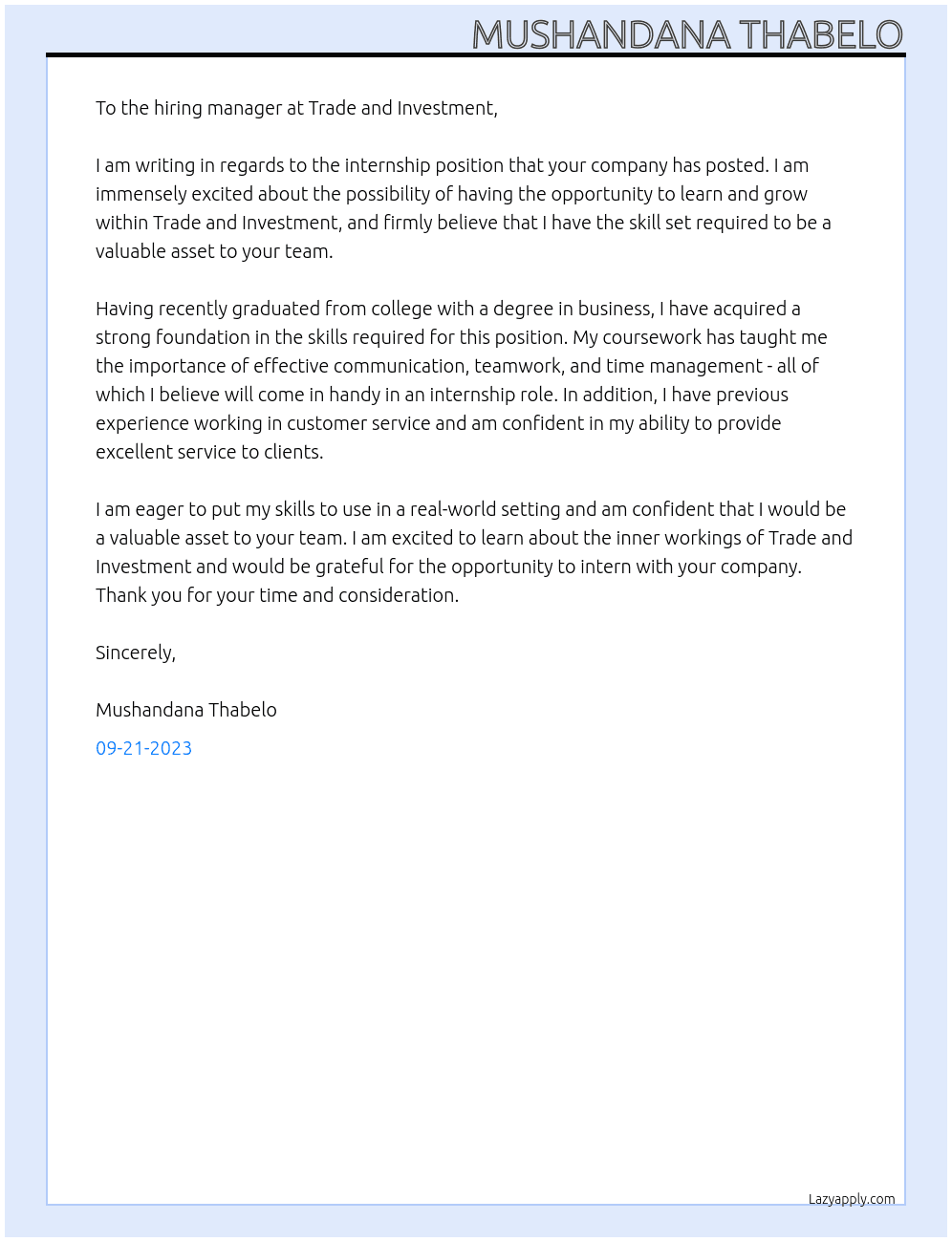internship At trade and investment  Cover Letter