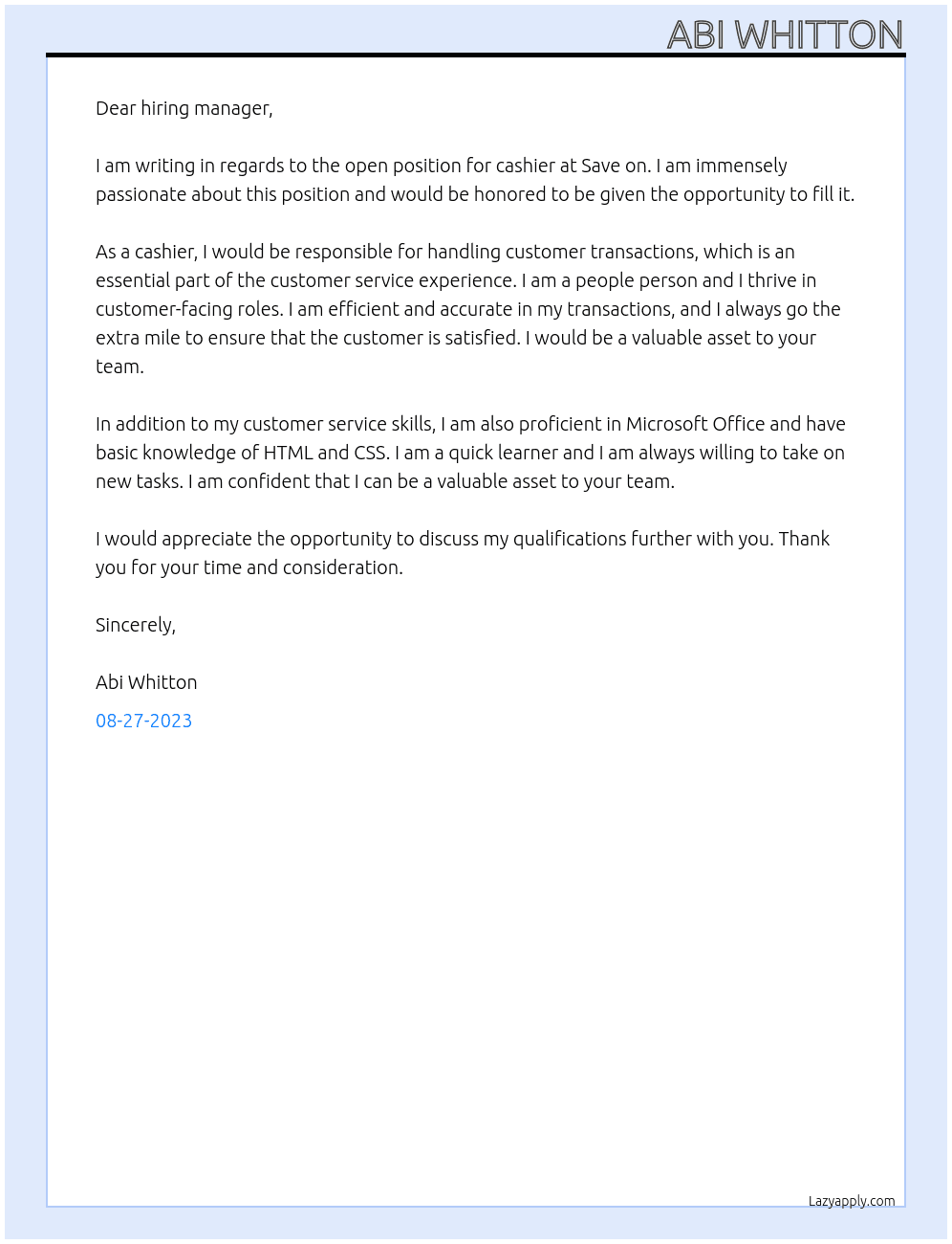 Cashier At Save on Cover Letter