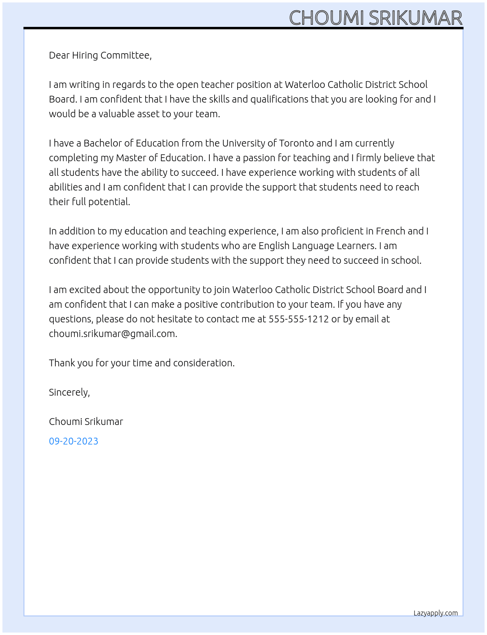 Teacher  At Waterloo Catholic District School Board Cover Letter