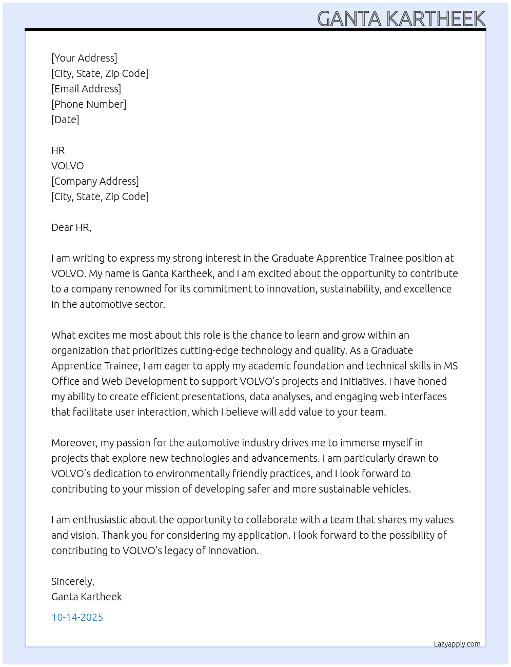 Graduate Apprentice Trainee At VOLVO Cover Letter