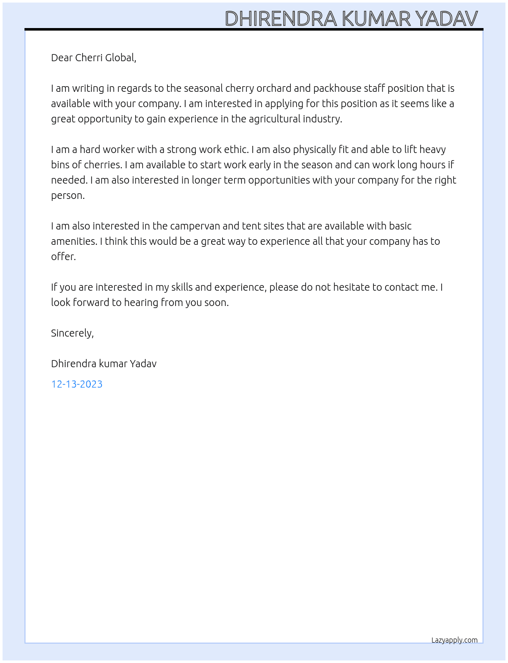 Seasonal Cherry Orchard & Packhouse Staff At Cherri Global Cover Letter