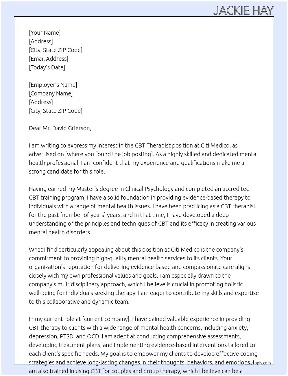 CBT Therapist At Citi Medico Cover Letter