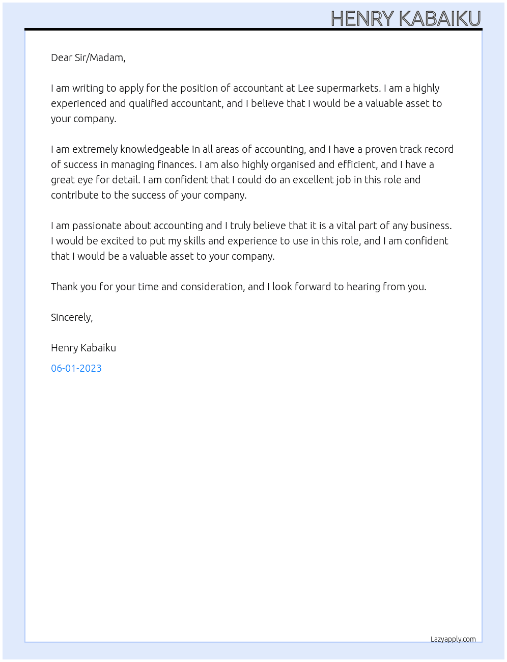 Accountant At Lee supermarkets Cover Letter