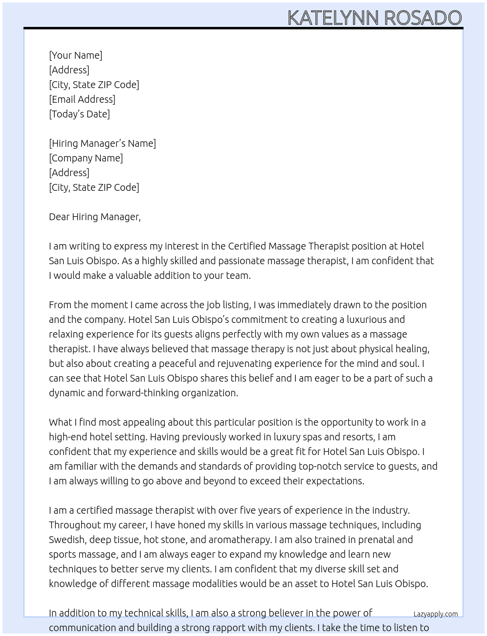 certified massage therapist At Hotel San Luis Obispo Cover Letter