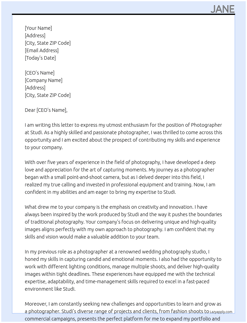 Photographer At Studi Cover Letter