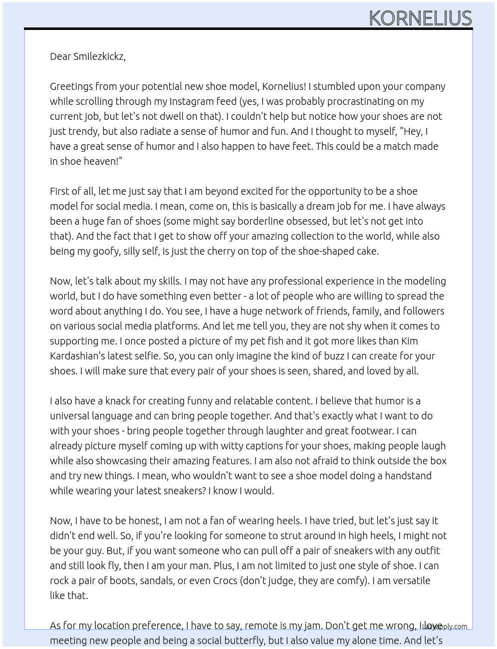 Shoe Model for social media At smilezkickz Cover Letter