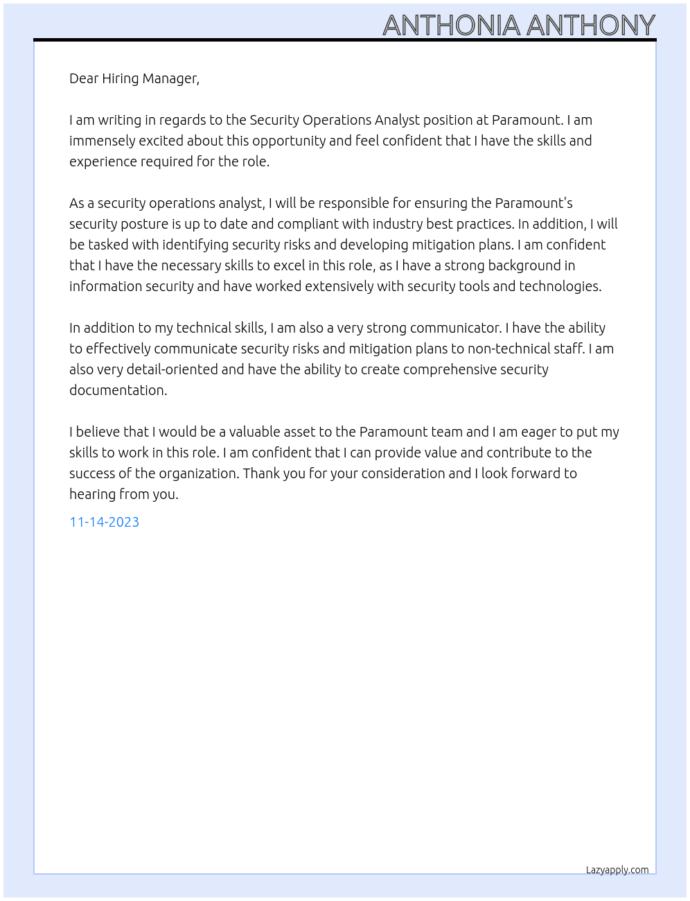 Security Operations Analyst  At Paramount Cover Letter