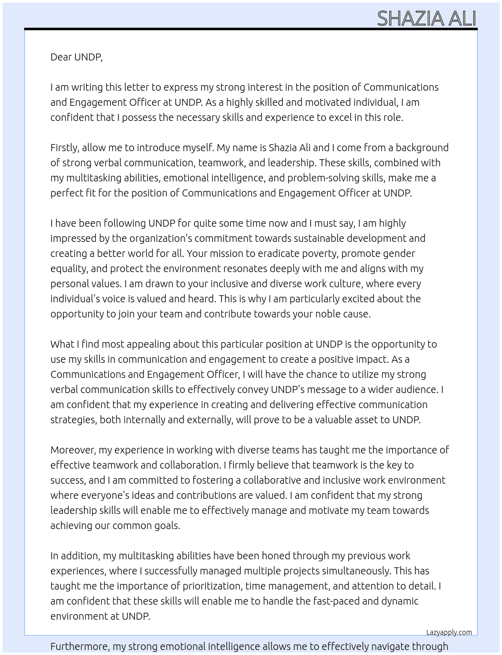 Cover letter for communications and engagement officer - LazyApply
