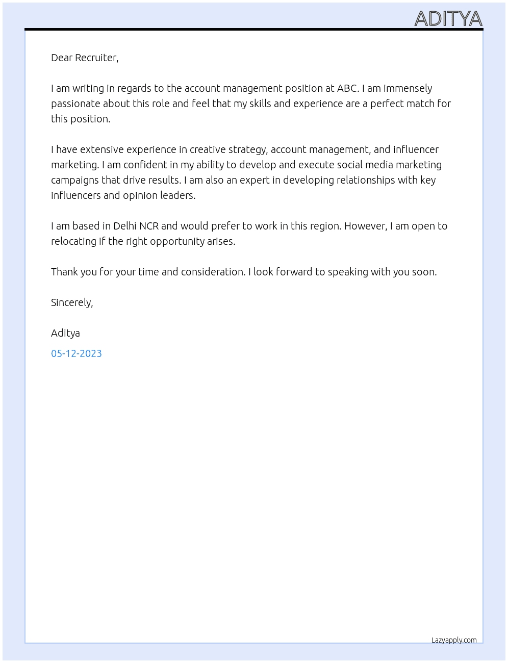 account management At ABC Cover Letter