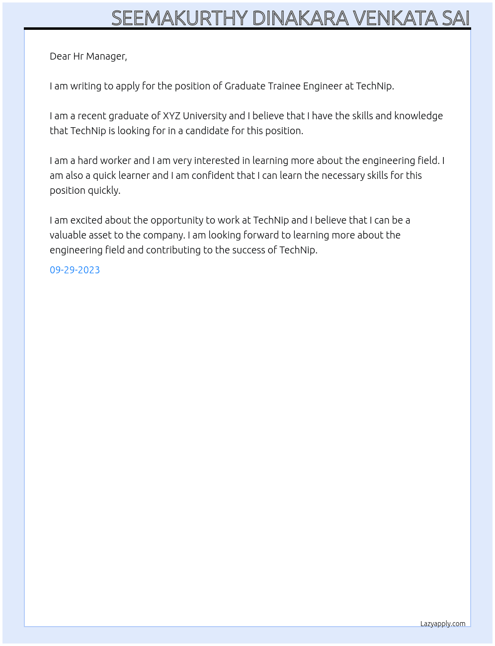 Graduate Trainee Engineer At TechNip Cover Letter