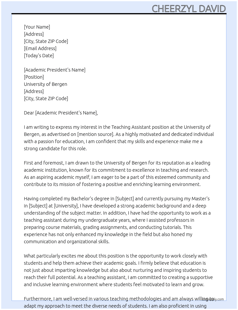 Teaching Assistant At University of Bergen Cover Letter
