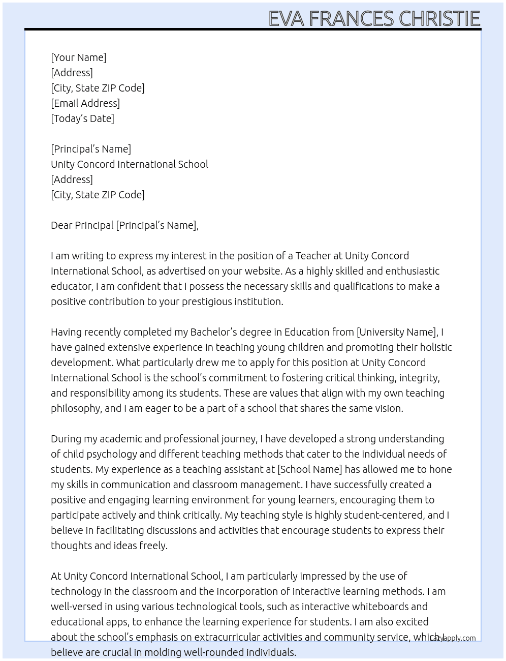 Teacher At Unity Concord International School Cover Letter