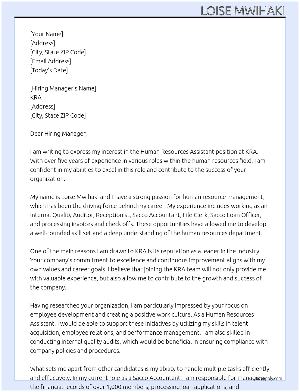 Human Resources Assistant At KRA Cover Letter