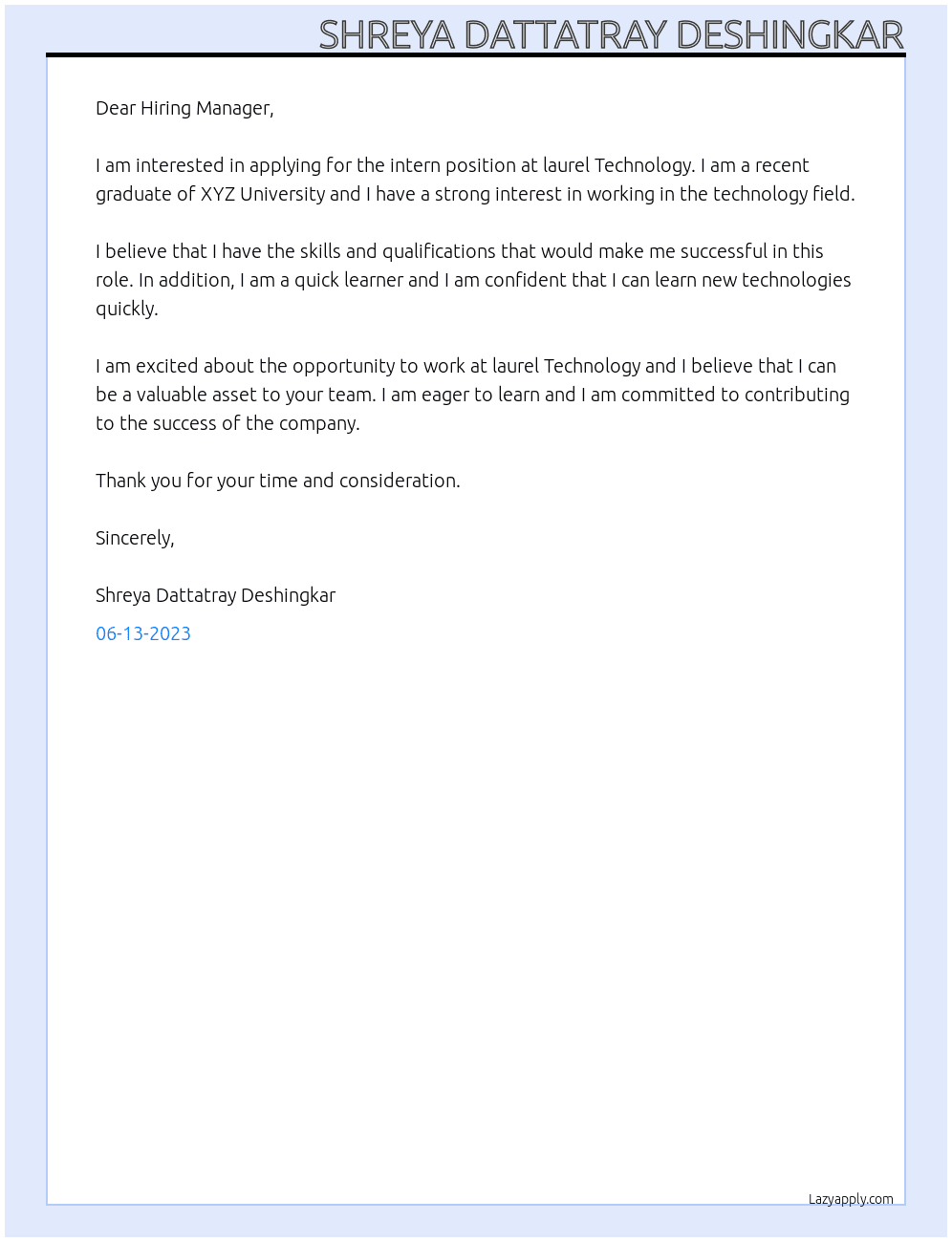 intern At laurel Technology Cover Letter