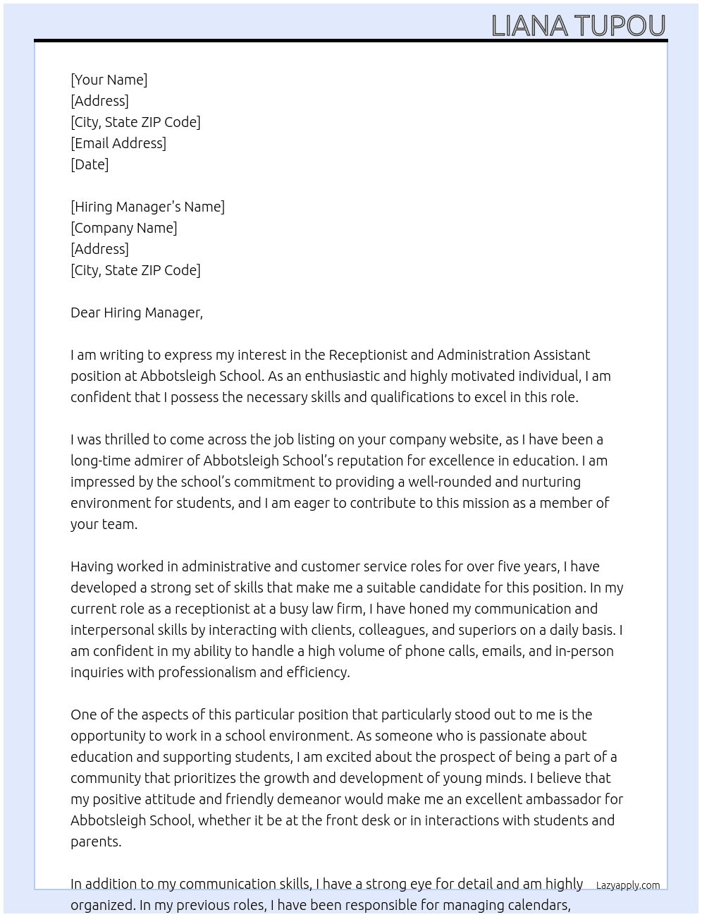 Receptionist and Administration Assistant At Abbotsleigh School Cover Letter