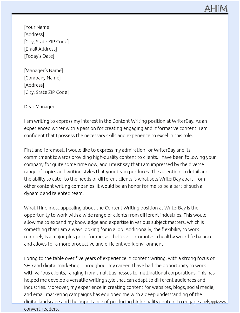 Content writing  At WRITERBAY Cover Letter