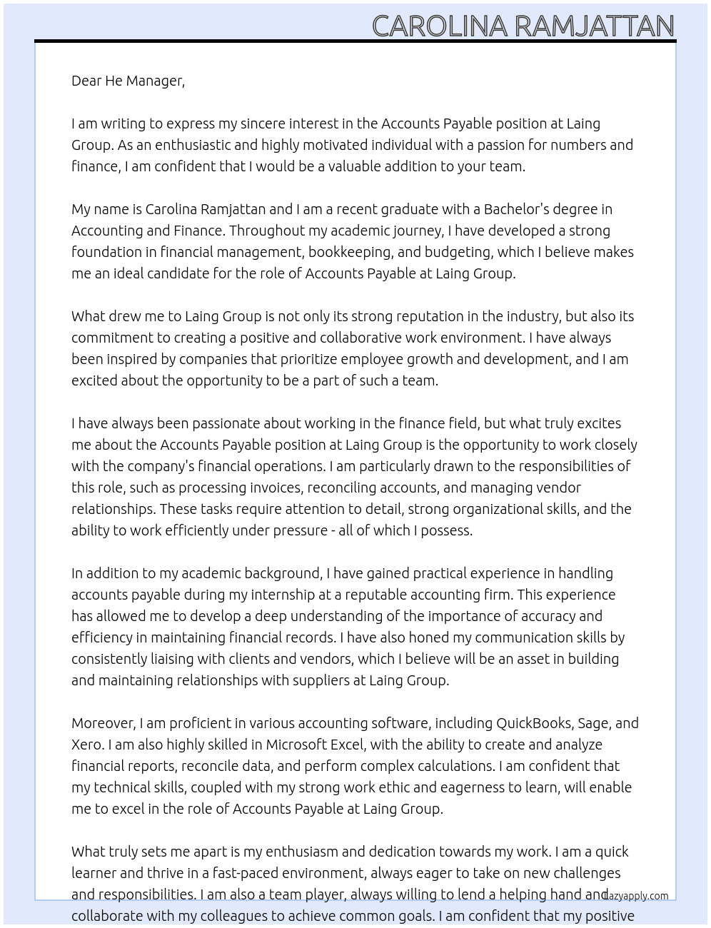 Accounts Payable  At Laing group Cover Letter