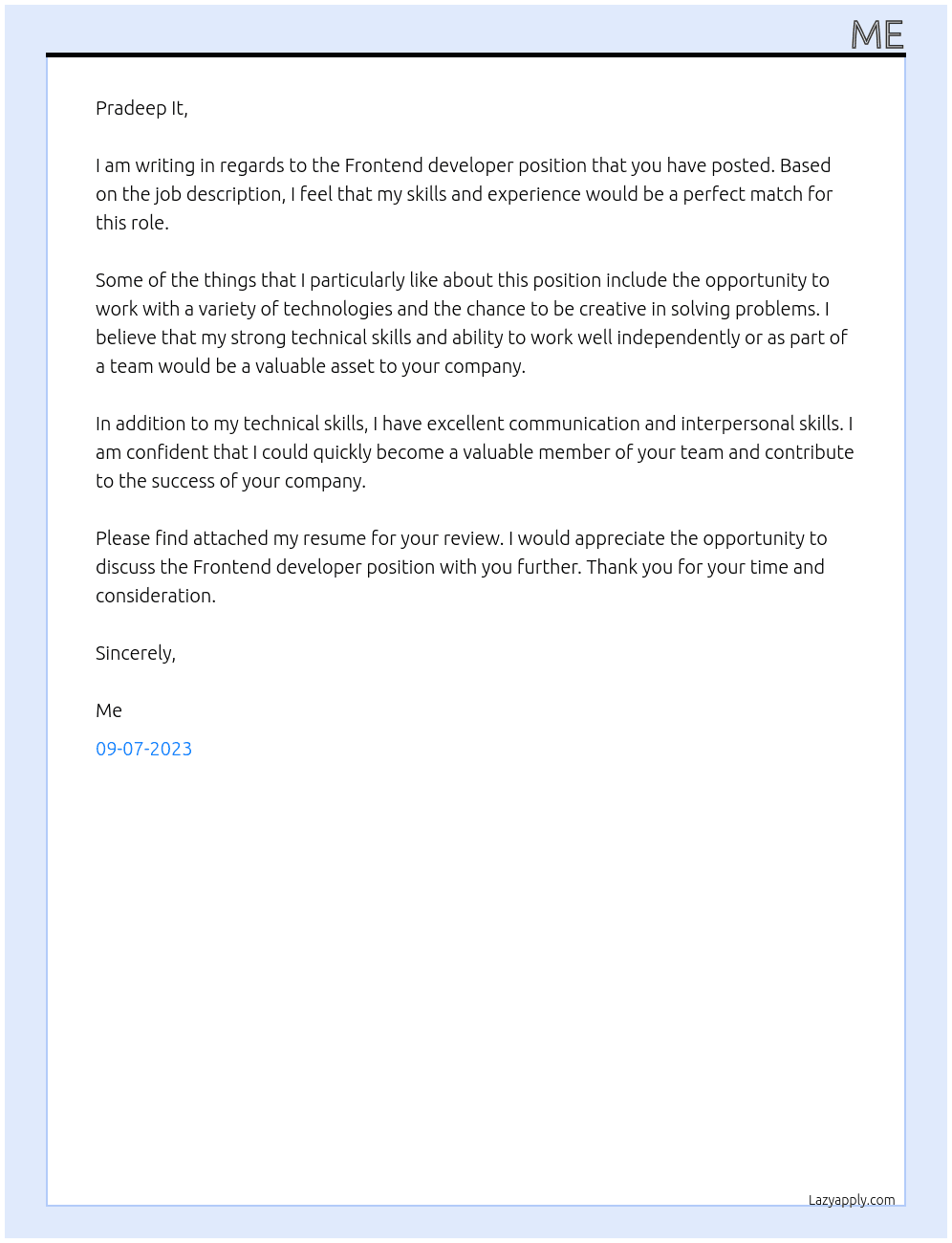 Frontend developer At Pradeep It Cover Letter