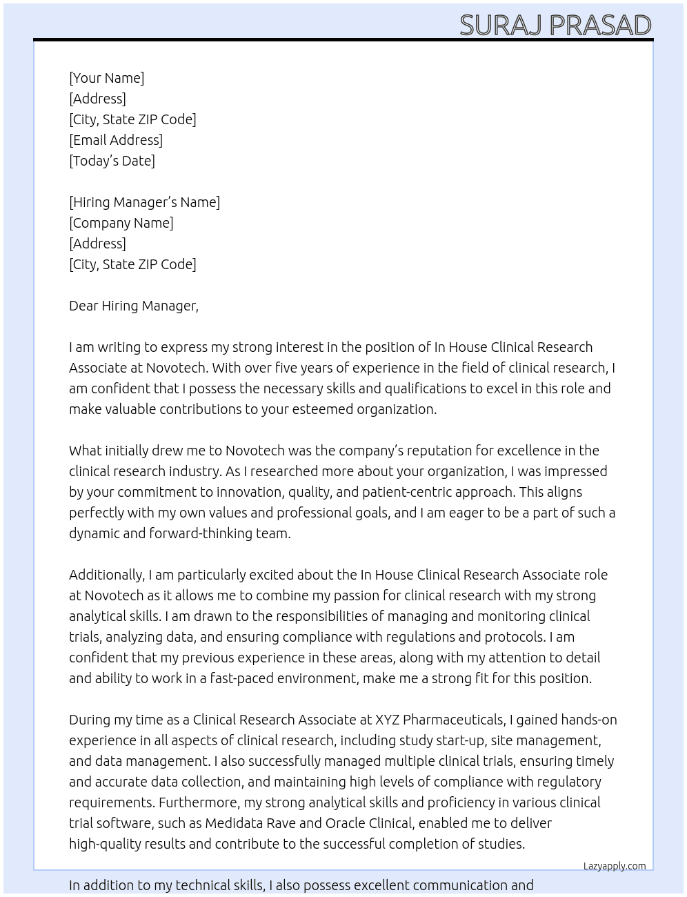 In house clinical research associate At Novotech Cover Letter