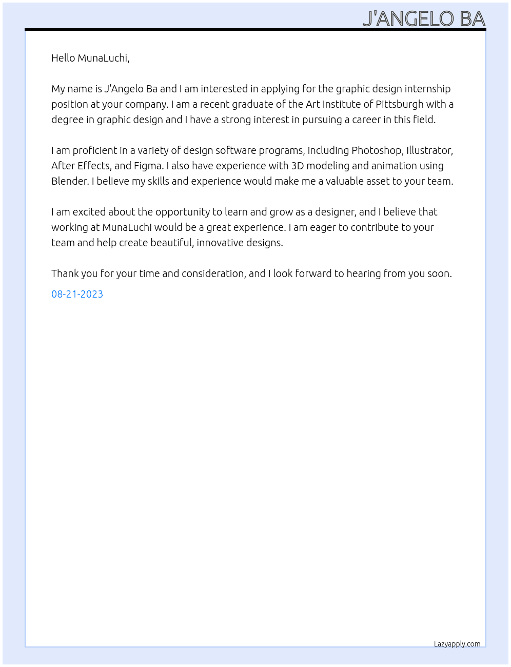 Graphic design internship At MunaLuchi Cover Letter