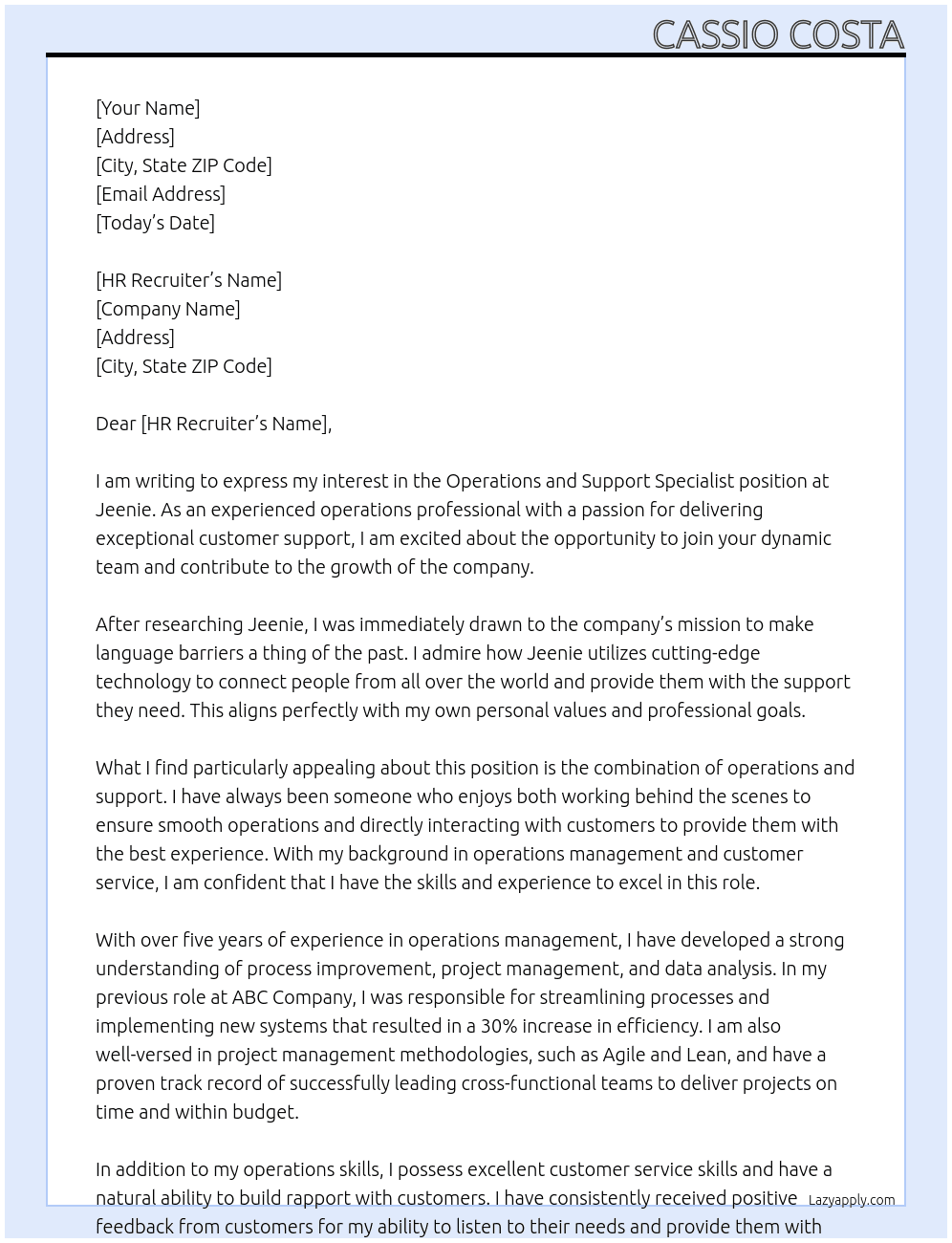 Operations and Support Specialist At Jeenie Cover Letter