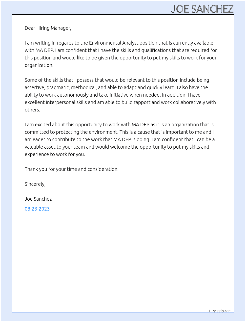Environmental Analyst At MA DEP Cover Letter