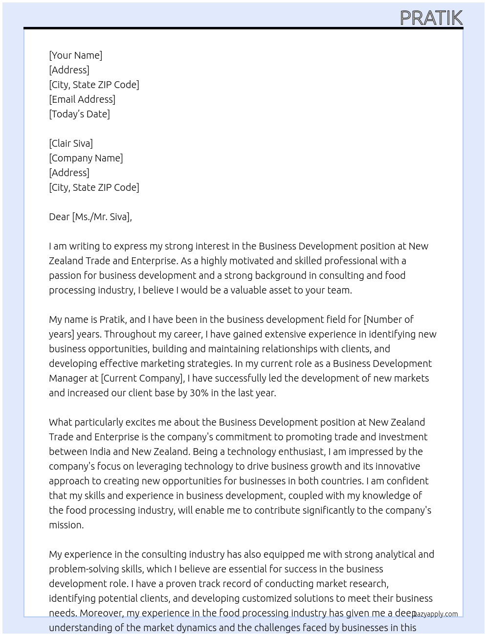 Business development At New Zealand Trade and Enterprise Cover Letter