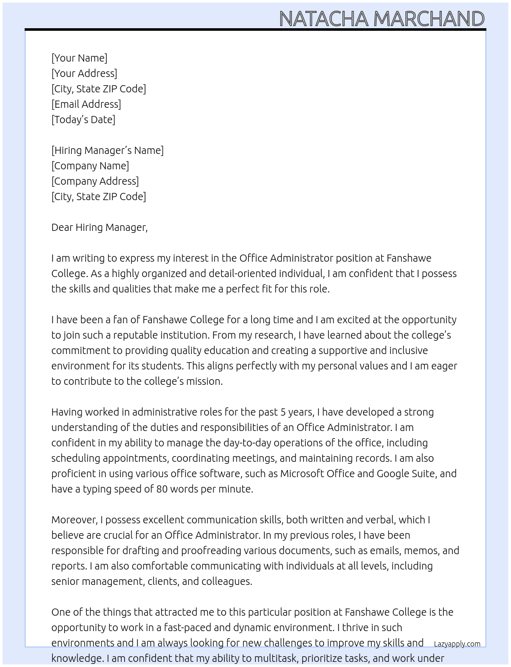 Office Administrator  At Fanshawe College Cover Letter