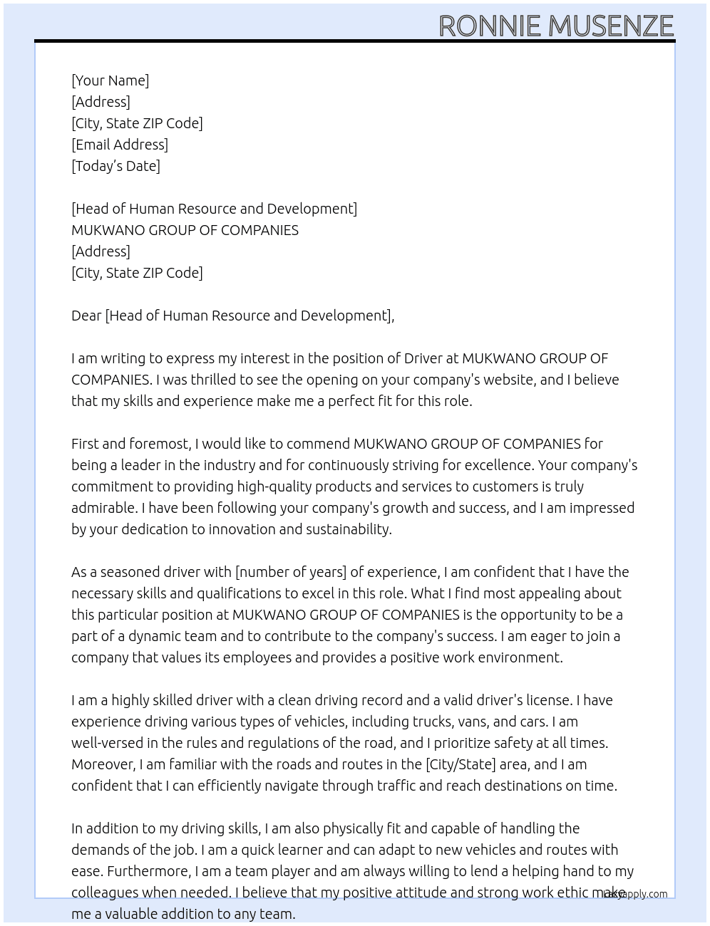 DRIVER At MUKWANO GROUP OF COMPANIES Cover Letter